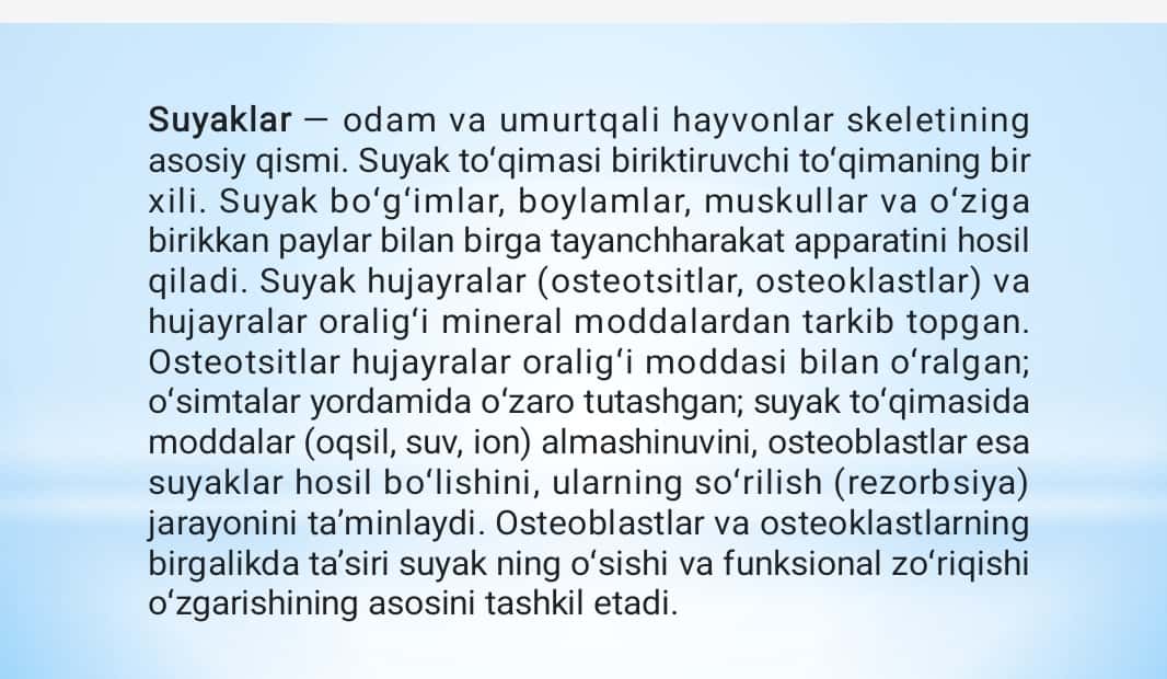 Suyak to’qimalarining minerallashuvi, uning tartibga solinishi va buzilishilari. Suyak to’qimalarining regeneratsiyasi va transplantatsiyasi. Suyakning o’sishga ta’sir etuvchi omillar.