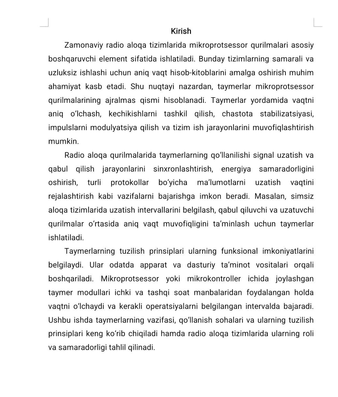 Taymerlarning vazifasi, qo‘llanish sohalari, taymerlarning tuzilish prinsiplari