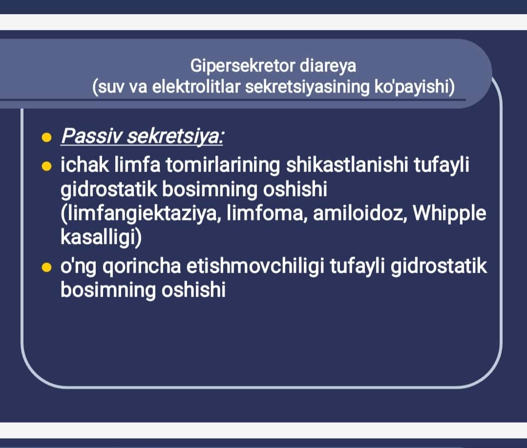 Diareya sindromli kasalliklarni differentsial diagnostikasi va davolash tamoyillari