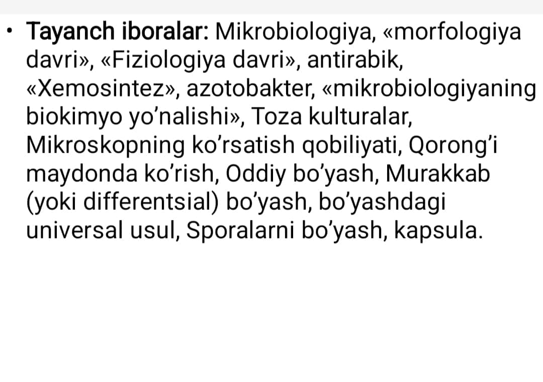 Umumiy mikrobiologiya fani, o’rganish obyektlari, vazifalari, bo’limlari va qisqacha rivojlanish tarixi.