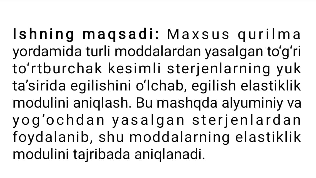Elastiklik modulini qattiq jismning egilish deformasiya yordamida aniqlash.