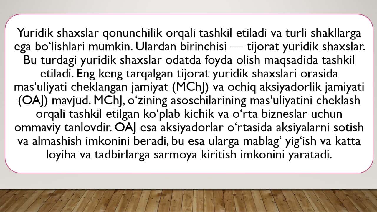Yuridik shaxs tushunchasi va turlari