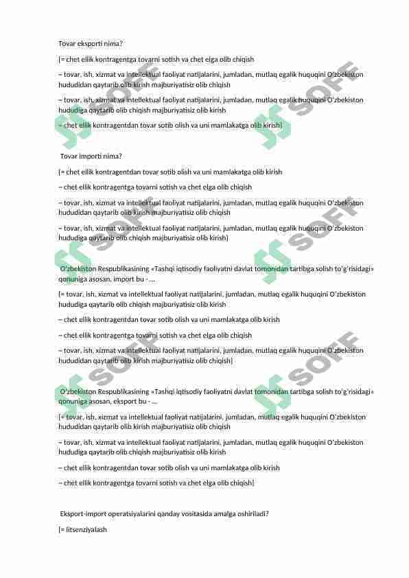 Tashqi iqtisodiy faoliyat testlar