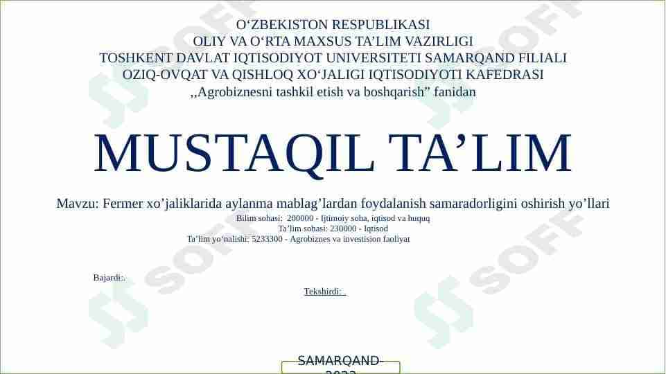 Fermer xo’jaliklarida aylanma mablag’lardan foydalanish samaradorligini oshirish yo’llari