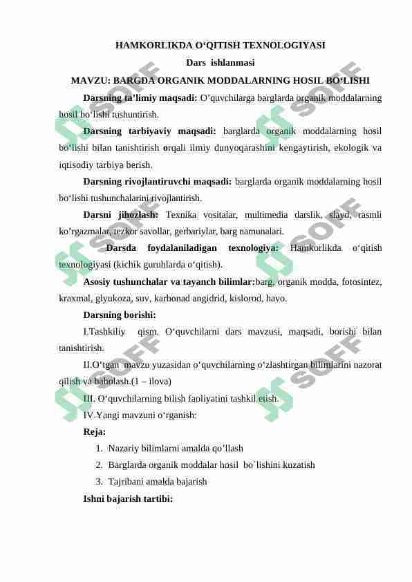 bargda organik moddalar hosil bo'lishi