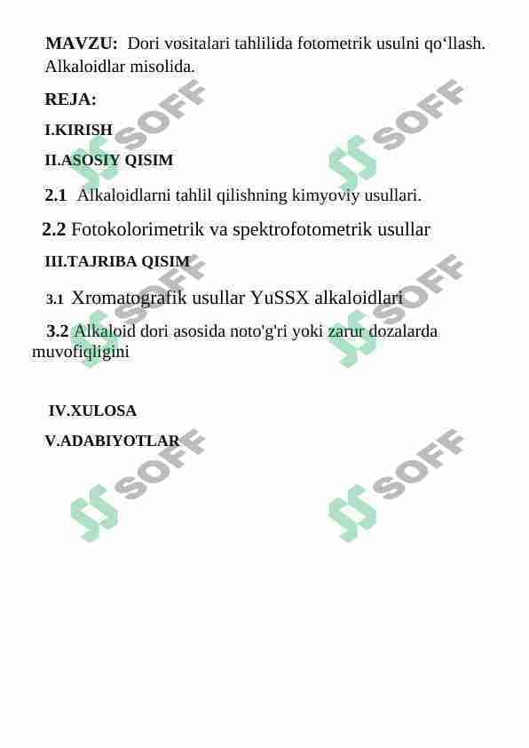 Dori vositalari tahlilida fotometrik usulni qo‘llash. Alkaloidlar misolida