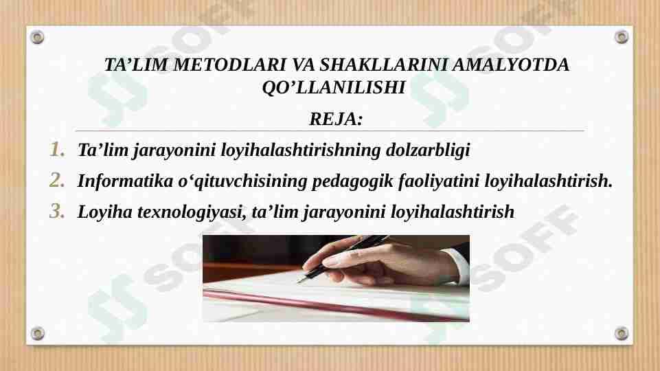 TA’LIM METODLARI VA SHAKLLARINI AMALYOTDA QO’LLANILISHI