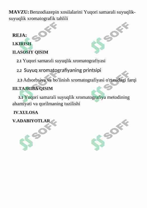 Benzodiazepin xosilalarini Yuqori samarali suyuqlik-suyuqlik xromatografik tahlili