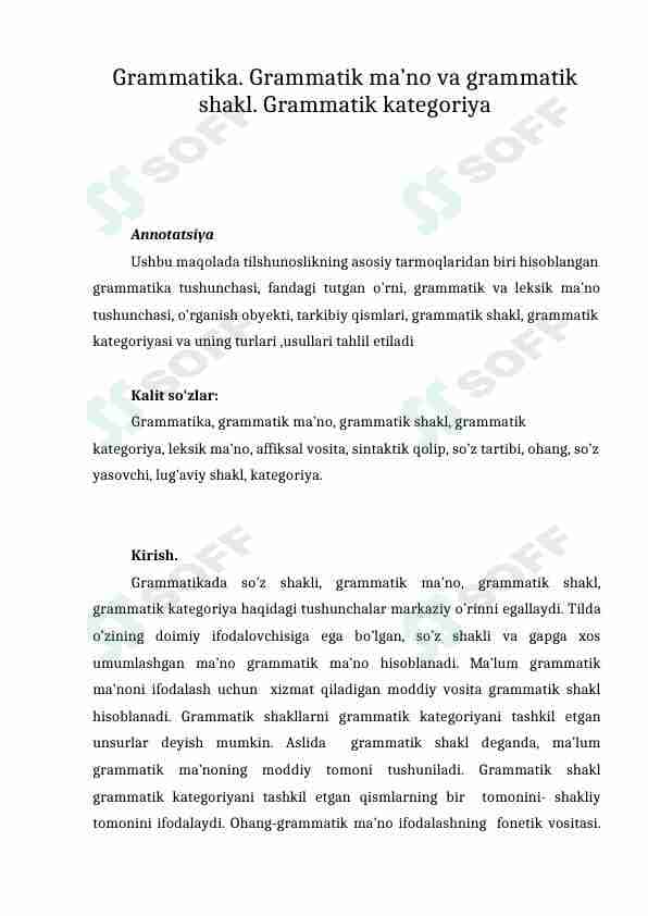 Grammatika. Grammatik ma’no va grammatik shakl. Grammatik kategoriya