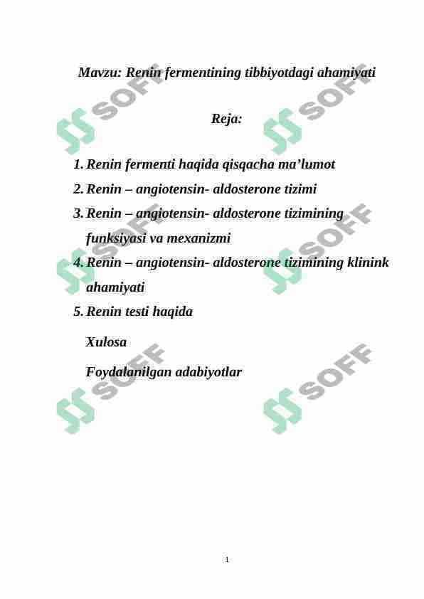 Renin fermentining tibbiyotdagi ahamiyati
