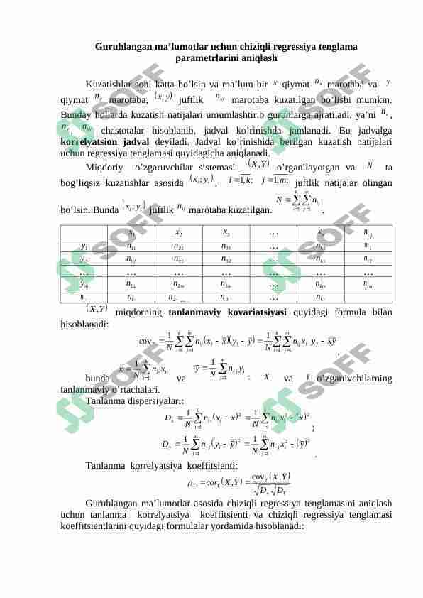 Guruhlangan ma’lumotlar uchun chiziqli regressiya tenglama parametrlarini aniqlash