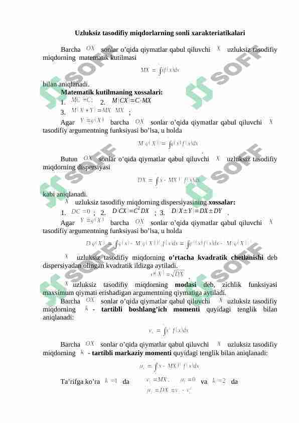 Uzluksiz tasodifiy miqdorlarning sonli xarakteriatikalari