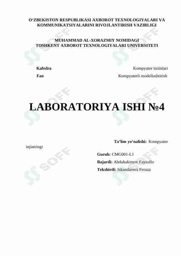 Tenglamalar yechimini Simulink paketidan foydalanib yechimini aniqlash.