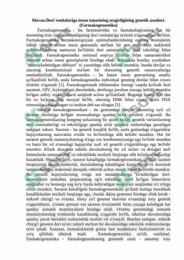 Dori vositalariga inson tanasining sezgirligining genetik asoslari.(Farmakogenomika)