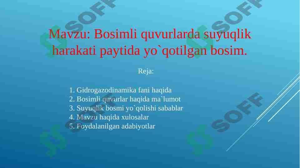 Bosimli quvurlar. Bosimli quvurlarda suyuqlik harakati paytida yo`qotilgan bosim