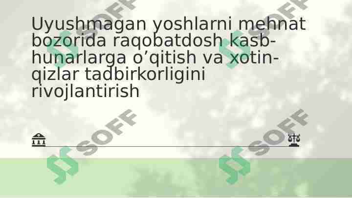 Uyushmagan yoshlarni mehnat bozorida raqobatdosh kasb-hunarlarga o’qitish va xotin- qizlar tadbirkorligini rivojlantirish