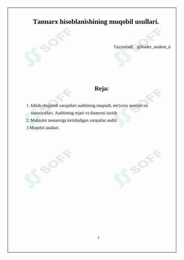 Tannarx hisoblanishining muqobil usullari
