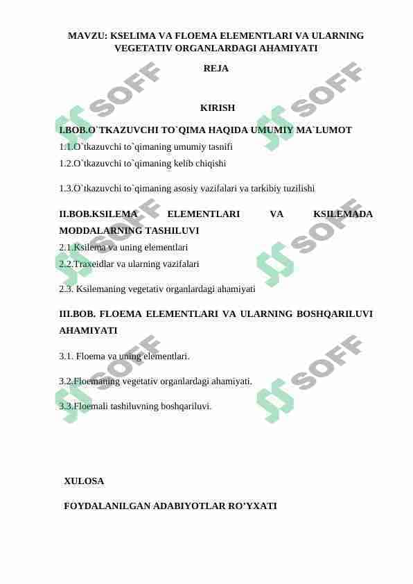 KSELIMA VA FLOEMA ELEMENTLARI VA ULARNING VEGETATIV ORGANLARDAGI AHAMIYATI