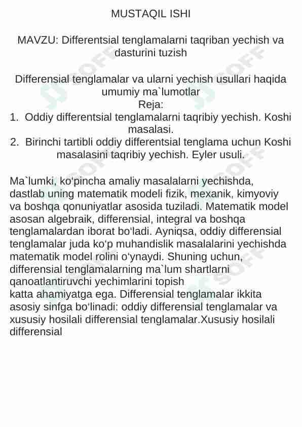 Differentsial tenglamalarni taqriban yechish va dasturini tuzish