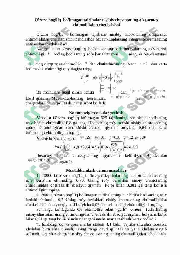 O’zaro bog’liq bo’lmagan tajribalar nisibiy chastotaning o’zgarmas ehtimollikdan chetlashishi