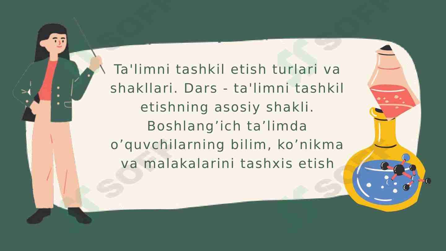 Ta'limni tashkil etish turlari va shakllari. Dars - ta'limni tashkil etishning asosiy shakli. Boshlang’ich ta’limda o’quvchilarning bilim, ko’nikma va malakalarini tashxis etish