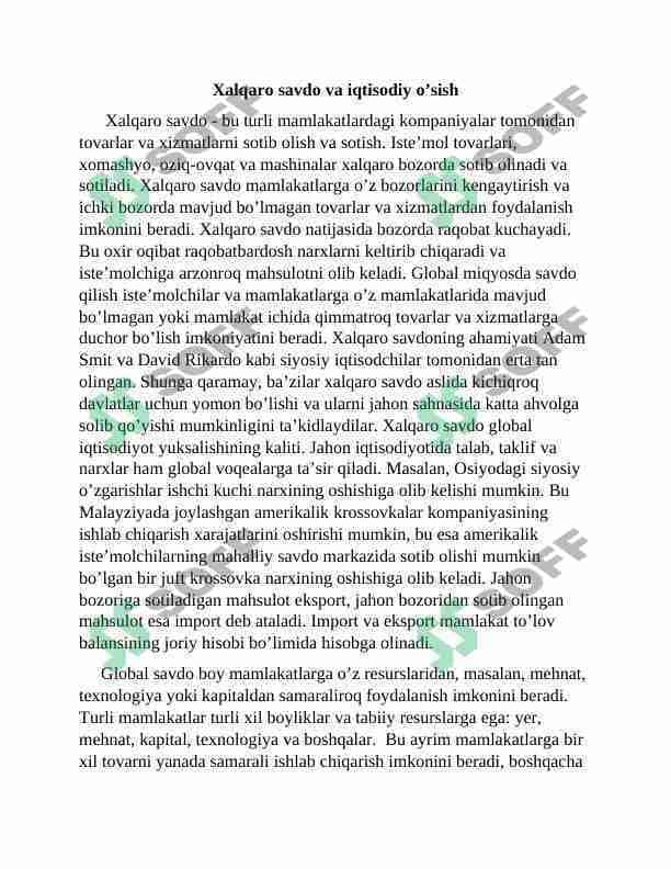 Xalqaro savdo va iqtisodiy o’sish