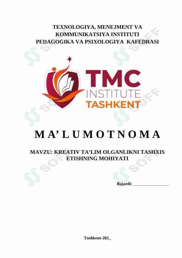 KREATIV TA’LIM OLGANLIKNI TASHXIS ETISHNING MOHIYATI