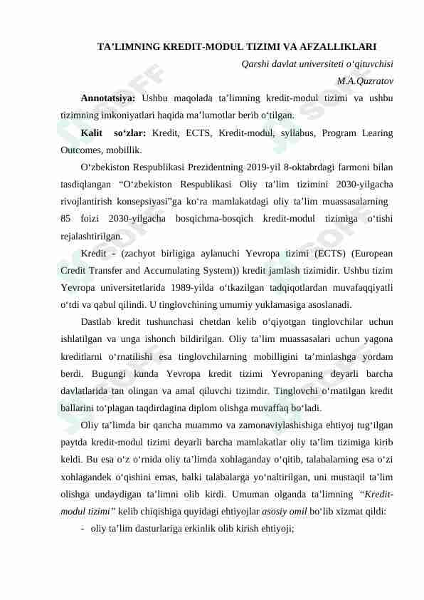 TA’LIMNING KREDIT-MODUL TIZIMI VA AFZALLIKLARI