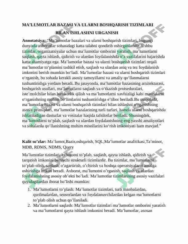 MA’LUMOTLAR BAZASI VA ULARNI BOSHQARISH TIZIMLARI BILAN ISHLASHNI URGANISH