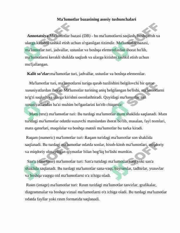 Ma'lumotlar bazasining asosiy tushunchalari
