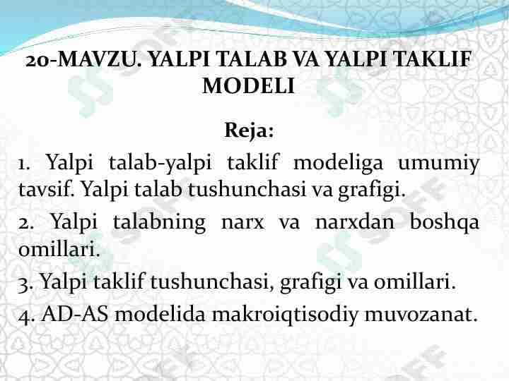 MAKROIQTISODIYOT FANIDAN TAQDIMOT Yalpi talab va Yalpi taklif