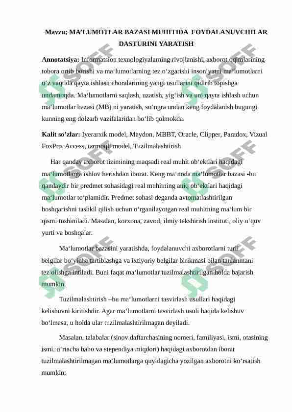 MA’LUMOTLAR BAZASI MUHITIDA FOYDALANUVCHILAR DASTURINI YARATISH