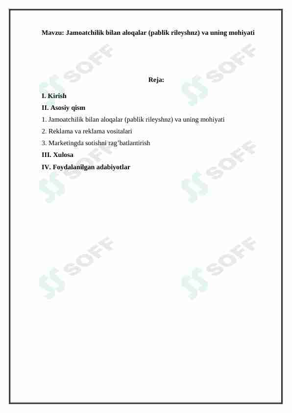 Jamoatchilik bilan aloqalar (pablik rileyshnz) va uning mohiyati
