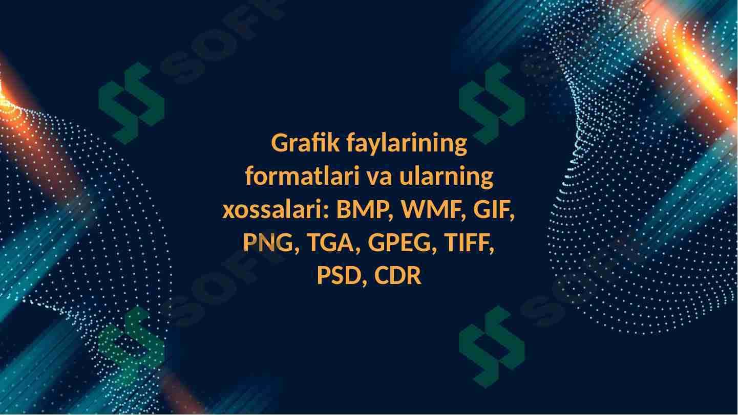 Grafik faylarining formatlari va ularning xossalari: BMP, WMF, GIF, PNG, TGA, GPEG, TIFF, PSD, CDR
