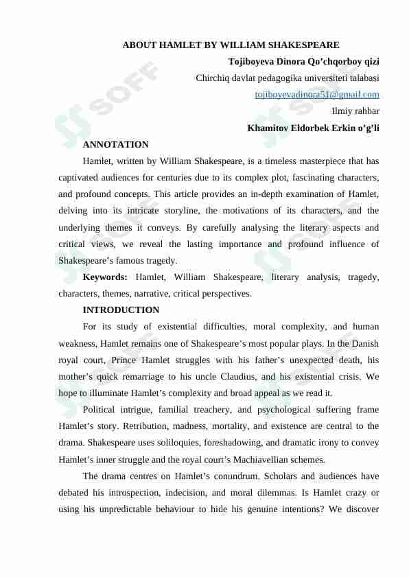 ABOUT HAMLET BY WILLIAM SHAKESPEARE