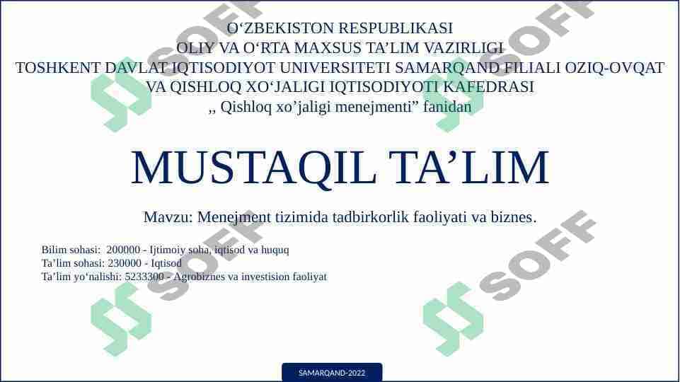 Menejment tizimida tadbirkorlik faoliyati va biznes