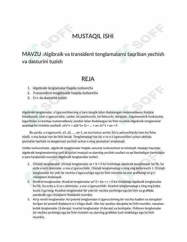 Algibraik va transident tenglamalarni taqriban yechish va dasturini tuzish