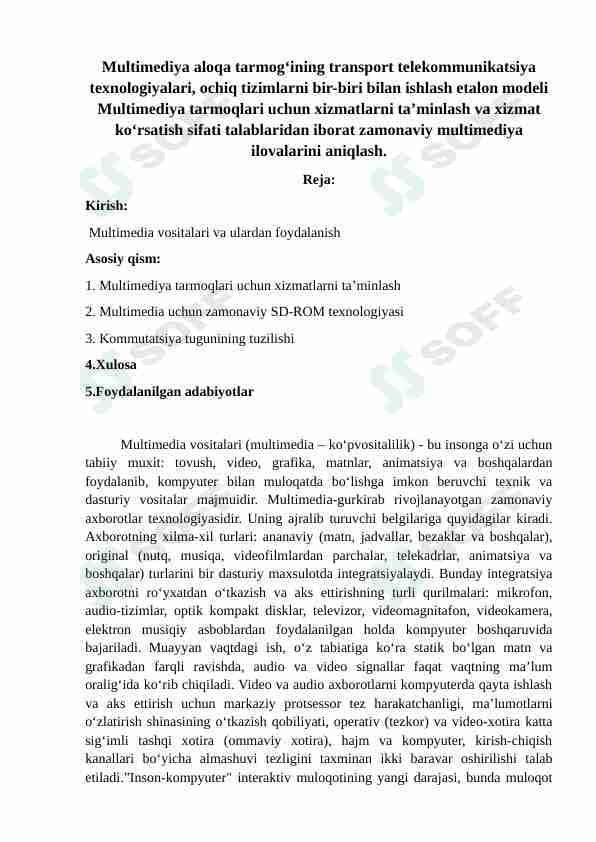 Multimediya aloqa tarmog‘ining transport telekommunikatsiya texnologiyalari