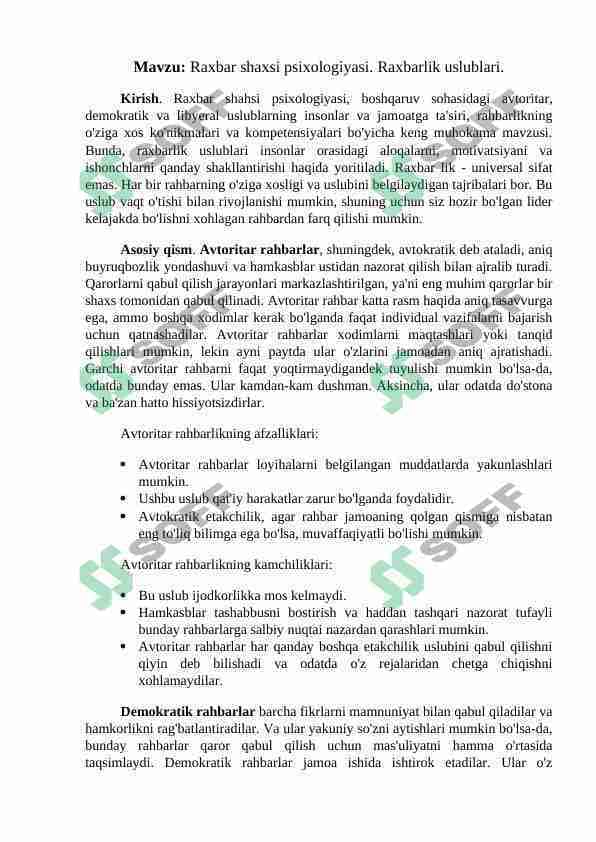 Raxbar shaxsi psixologiyasi. Raxbarlik uslublari.
