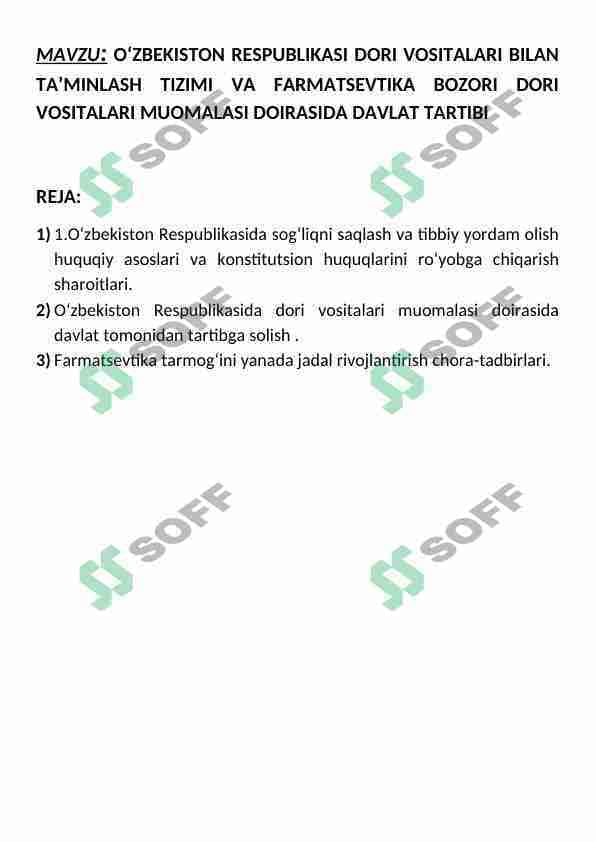 O‘ZBEKISTON RESPUBLIKASI DORI VOSITALARI BILAN TA’MINLASH TIZIMI VA FARMATSEVTIKA BOZORI DORI VOSITALARI MUOMALASI DOIRASIDA DAVLAT TARTIBI