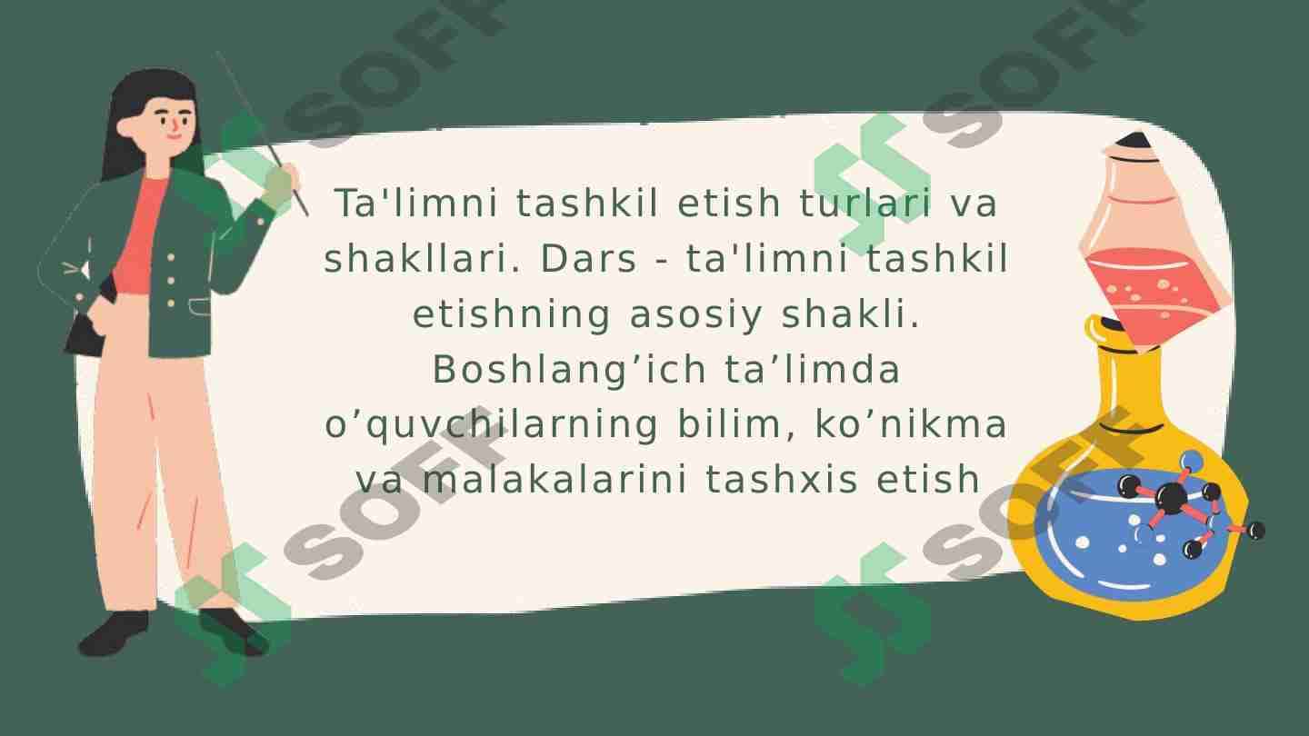 Ta'limni tashkil etish turlari va shakllari. Dars - ta'limni tashkil etishning asosiy shakli. Boshlang’ich ta’limda o’quvchilarning bilim, ko’nikma va malakalarini tashxis etish