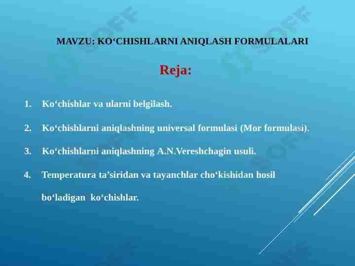 KO‘CHISHLARNI ANIQLASH FORMULALARI