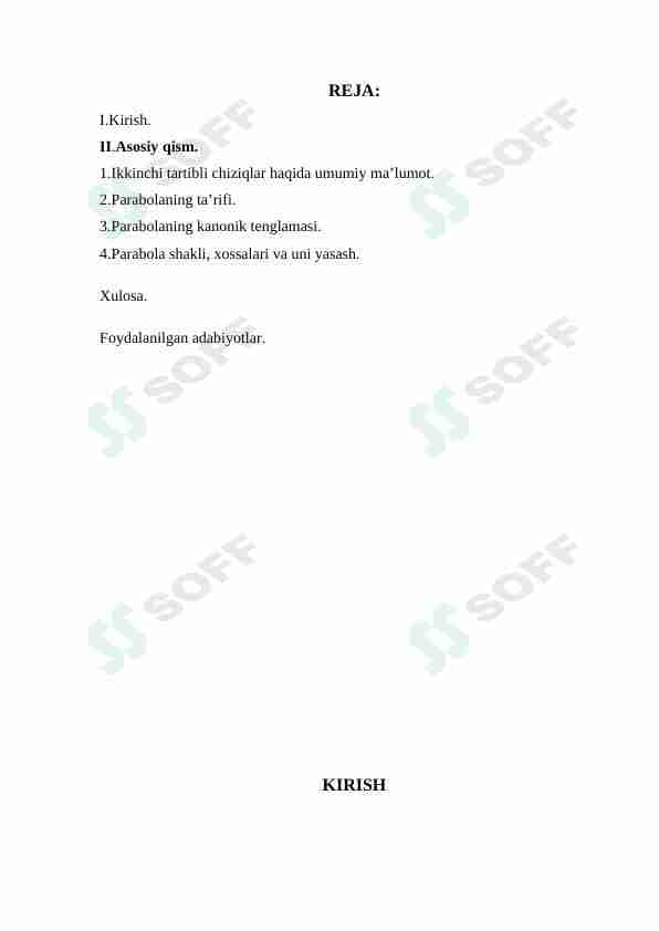 Parabola va uning kanonik tenglamasi, xossalari