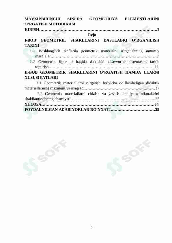 BIRINCHI SINFDA GEOMETRIYA ELEMENTLARINI O’RGATISH METODIKASI