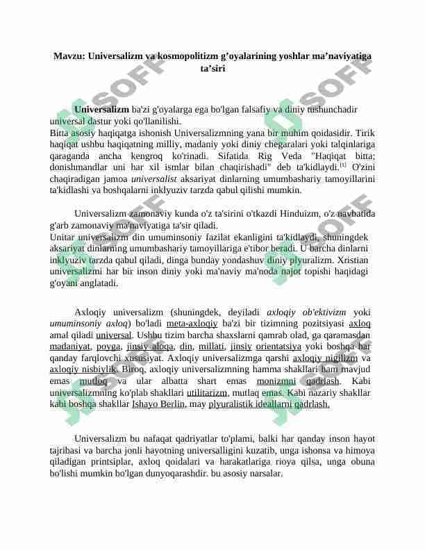 Universalizm va kosmopolitizm g’oyalarining yoshlar ma’naviyatiga ta’siri