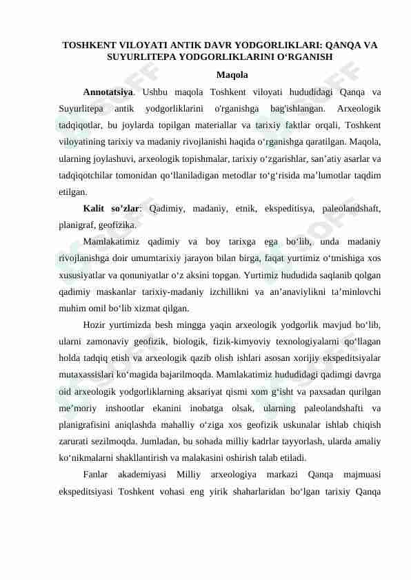 Toshkent viloyati antik davr yodgorliklari Qanqa va Suyurlitepa yodgorliklarini oʻrganish