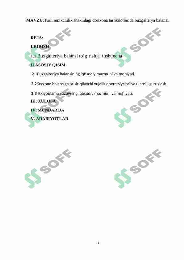 Turli mulkchilik shaklidagi dorixona tashkilotlarida buxgalterya balansi