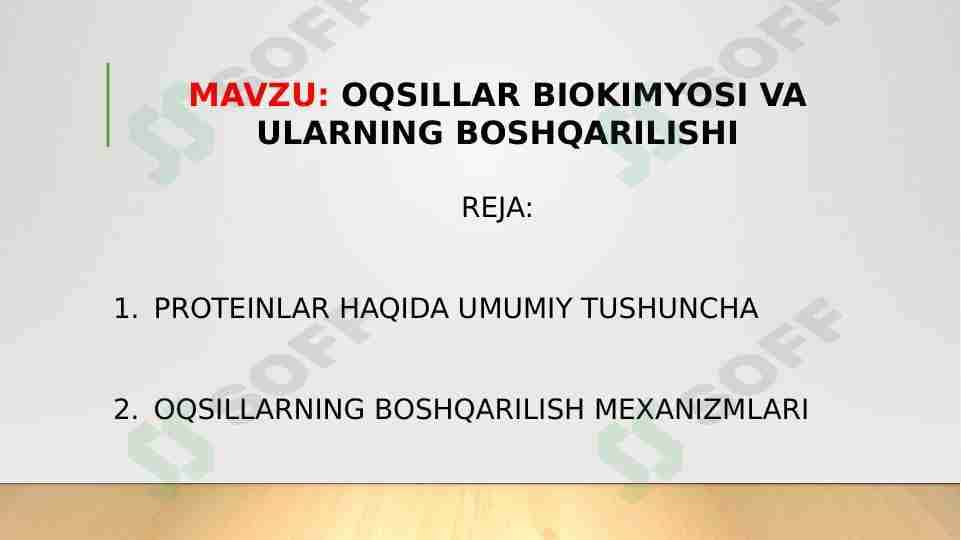 OQSILLAR BIOKIMYOSI VA ULARNING BOSHQARILISHI