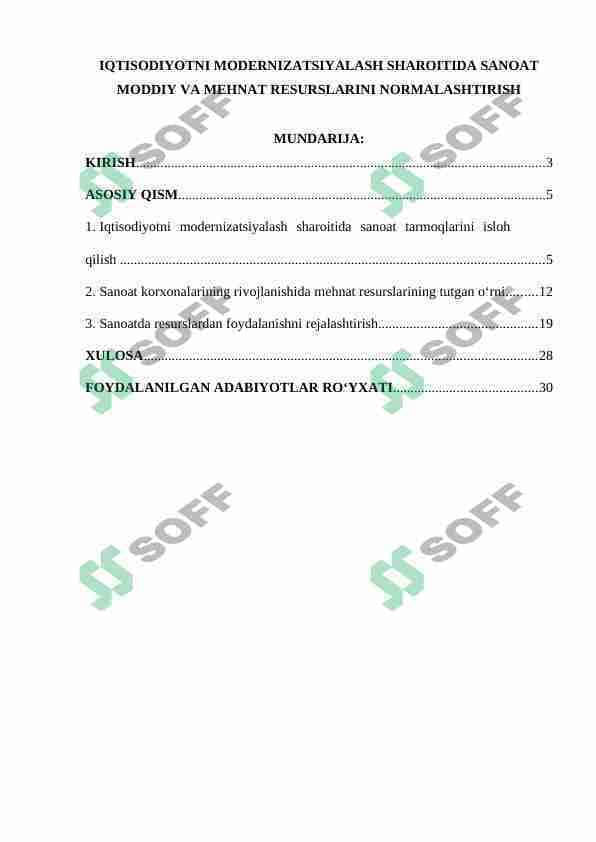 IQTISODIYOTNI MODERNIZATSIYALASH SHAROITIDA SANOAT MODDIY VA MEHNAT RESURSLARINI NORMALASHTIRISH