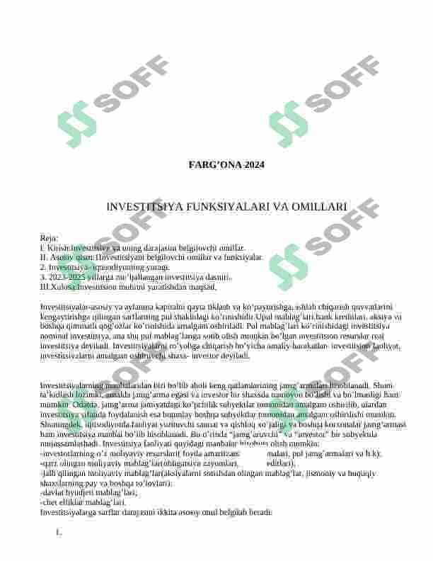 investitsiya funksiyalari va omillari